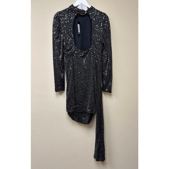 NWT Boohoo Size 14 Black Sequin Puff Sleeve Draped Mini Birthday Dress Party - Picture 4 of 16